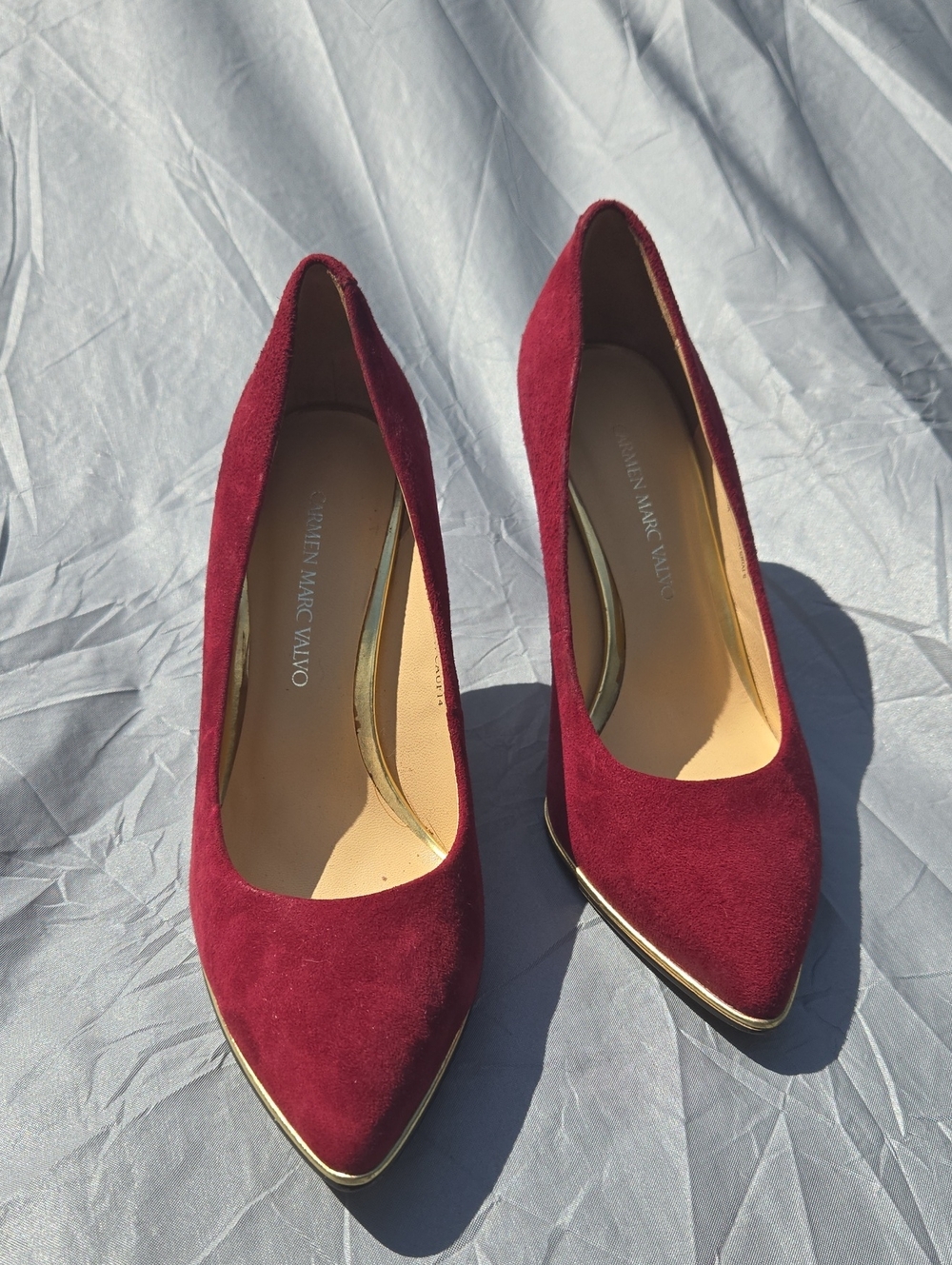 Carmen Marc Valvo Wine Suede Pointed Toe Pumps with Gold Accent